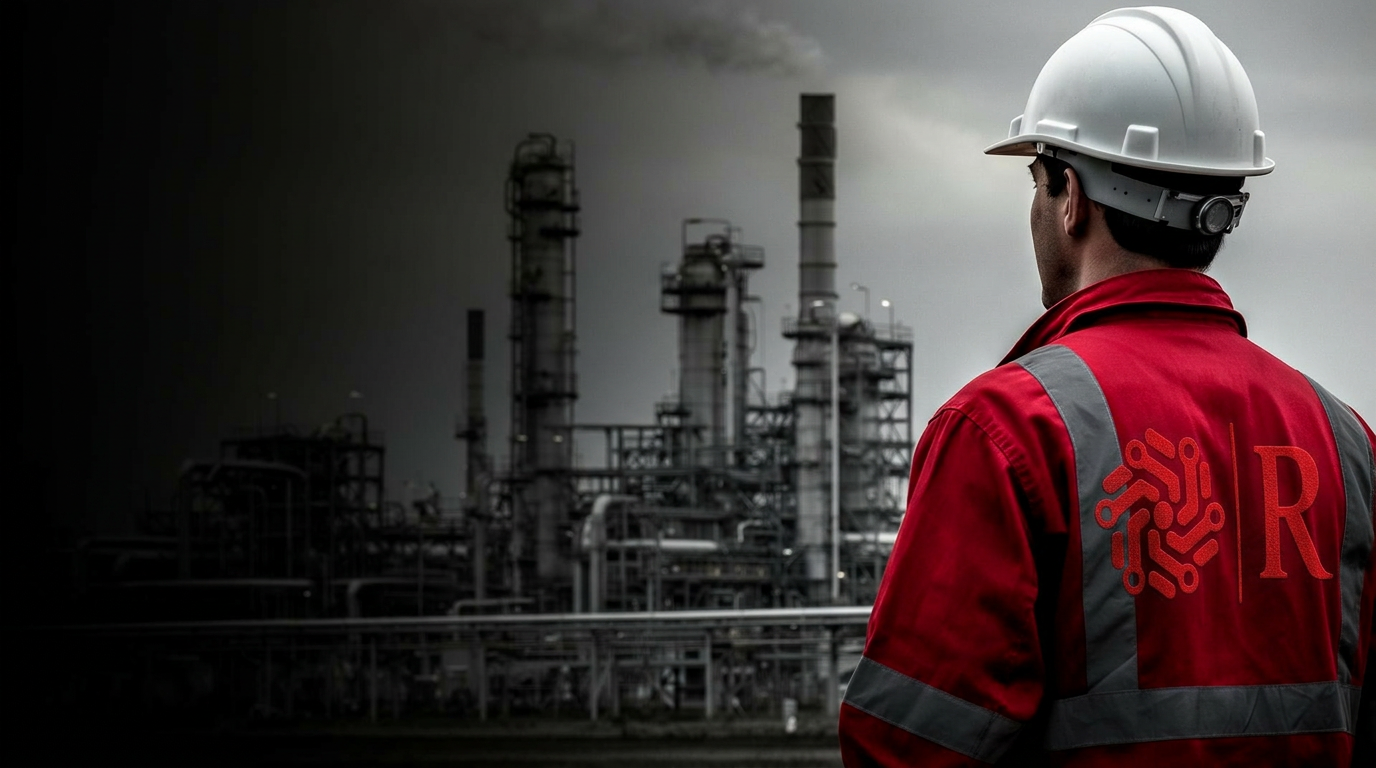 Trabajador industrial con casco observando una planta
